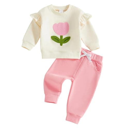Image of PanLidapan Toddler Baby Girl 2Pcs Outfits Fall Winter Tracksuit Flower Embroidery Jumper Flying Sleeve Sweatshirt Joggers Pants Set Infant Clothes (Beige, 18-24 Months)