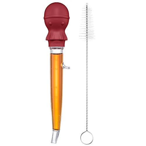 Image of U-Taste 1.5oz Angled Turkey Baster: 109℃ Heat Resistant Food Grade Tritan Silicone Meat Pipette with Large Octopus Bulb and Cleaning Brush for Cooking Roasting Basting Chicken Beef Meat (Red)