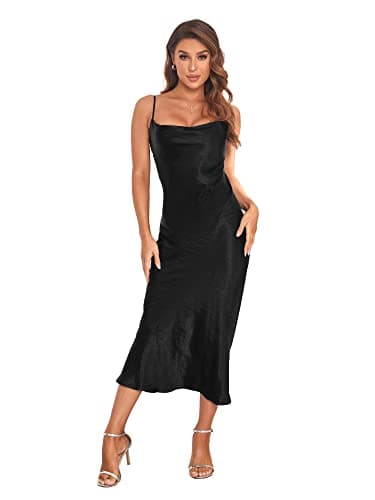 Image of SITELUOYG Women's Spaghetti Strap Midi Satin Silk Dresses Slip Cowl Neck Party Cocktail Evening Sexy Dress, Black, L