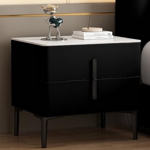 Image of LYXWGRZD Wooden Bedside Table with High Legs Are Easy to Clean, Modern Nightstands with 2 Drawers, Bed end Table With Rock Board Top, Leather Finish, Side Tables(Black,45x40x50cm)