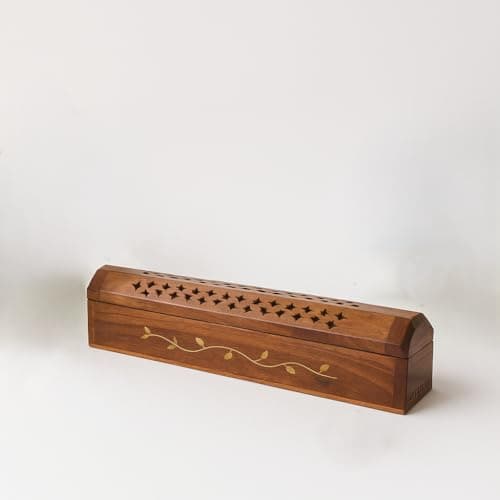Image of Rushant Wooden Incense Holder, Dark Brown Pyramid Tower with Ash Catcher, Sheesham Wood, 31x6.5x5.5 cm, for Cone and Stick Incense (Leaf Design Box)