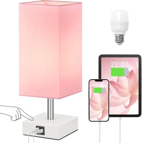 Image of Aooshine Touch Table Lamp, Pink Bedside Lamps with 3 Way Dimmable, Small Bedside Lamp with USB C+A Charging Ports, Bedroom Lamp for Bedroom Living Room with Pink Fabric Shade (LED Bulb Included)