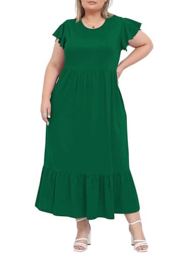 Image of Moon Wood Summer Dresses for Women Crew Neck Ruffle Sleeve Curvy Long Dress with Pockets Dark Green L