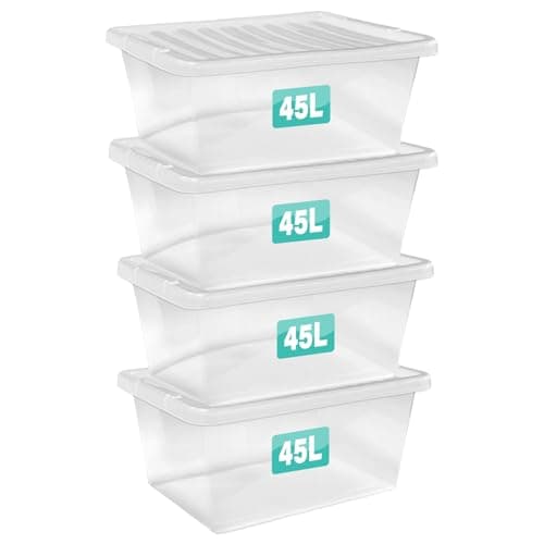 Image of Optimal Products 4 x 45 Litre Storage Boxes With Lids Set of 4, Clear Multipurpose Nestable Stackable Plastic Storage Box With Lid Clear Containers For Home, Kitchen, Garage, Office, Accessories