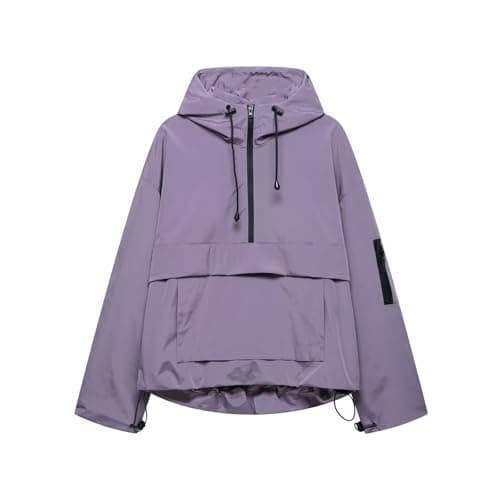 Image of Waterproof Jacket Women,Solid Color Half Zip Windproof Jackets with Large Pocket Drawstring Hooded Raincoat Ladies Fashion Rainproof Coats Hiking Climbing Softshell Jacket Outdoor Sport Coat S-XL