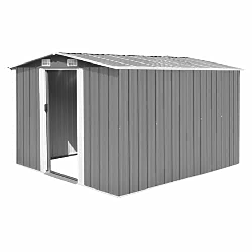 Image of ZEYUAN Garden Shed 257x298x178 cm Metal Grey,Garden Shed, Metal Shed Tool Storage House with Floor Foundation and Lockable Double Doors
