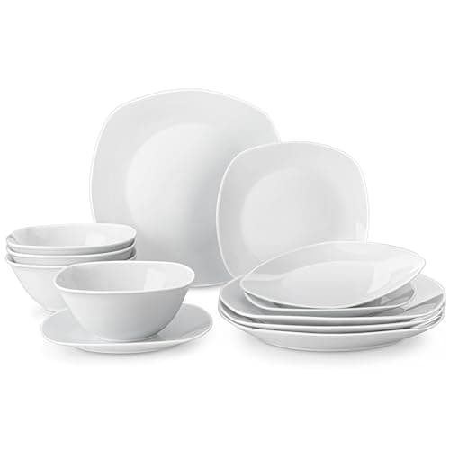 Image of MALACASA Dinner Set for 4, 12 Pieces Porcelain Plates and Bowls Set, Gray White Ceramics Dinnerware Sets, Chip and Scratch Resistant Dishes Set Square Crockey Sets, Series Elisa