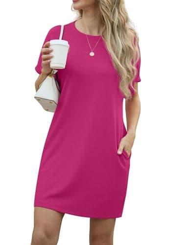 Image of GRECERELLE Womens Summer Mini Dress Cap Sleeve Crew Neck T Shirt Short Casual Beach A Line Dresses with Pockets (Hot Pink, L)
