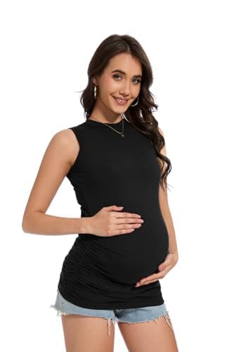 Image of Smallshow Women's Maternity Clothes Crew Neck Sleeveless Pregnancy Vest Top,Black,M