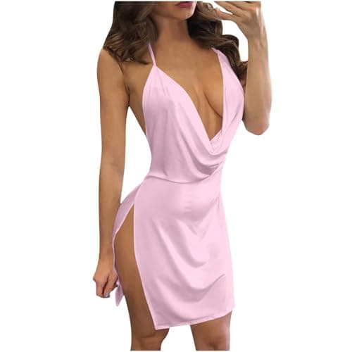 Image of Zeiayuas Women Backless Mini Dress Halter V Neck Sexy Cami Dress Y2k Hollow Out Bodycon Club Dress Satin Silk Evening Dress High Split V Neck Clubwear for Ladies UK Clearance Pink