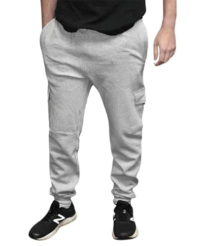 Image of Men's Cargo Joggers with Pockets, Regular Fit Fleece Trouser Elastic Waist Tracksuit Bottoms Casual Gym Sweatpants for Running, Workout, Sports, Travel and Daily Wear Grey Ribbed XL