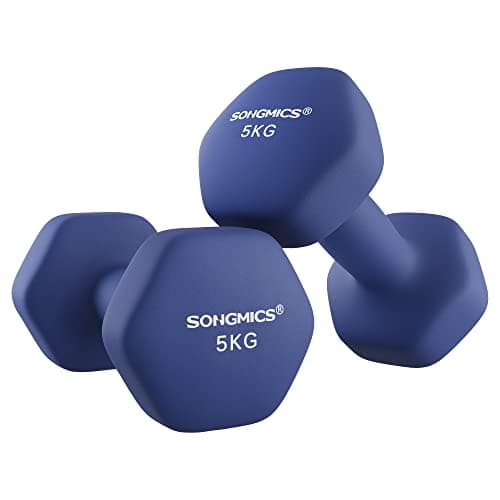 Image of SONGMICS Set of 2 Dumbbells, 2 x 5 kg Hand Weights with Neoprene Coating, Hexagonal Dumbbells Pair, Home Workout, Fitness Training Exercise, Harbor Blue SYL910Q01
