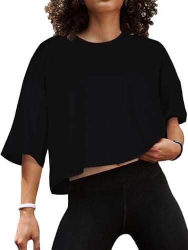 Image of Crop Tops for Women Summer Oversized Cropped T Shirt Half Sleeve Loose Fit Casual Tees(Black,M)