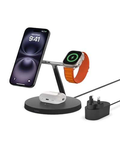 Image of Belkin MagSafe 3 in 1 Wireless Charging Station, 15W iPhone and Apple Watch Fast Wireless Charger, AirPods Charging Station for iPhone 16, 15, 14, 13, 12 Series, Apple Watch 10/9/8, SE, Ultra - Black