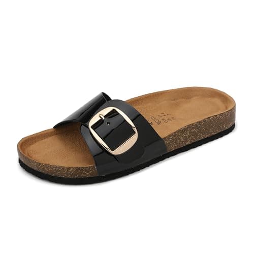 Image of ARRIGO BELLO Women Sandals Ladies Leather Sliders Fashion Adjustable Buckle Strap Slippers Arch Support Open Toe Cork Footbed Summer Mules Size 4-7 UK(C Black,Size 6)