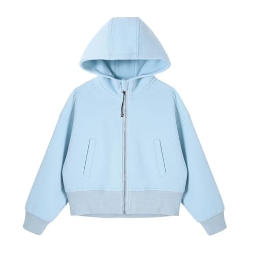 Image of Rolanko Girls Cropped Zip Up Hoodie, Cozy Long Sleeve Hooded Jacket Casual Sweatshirt Tops with Pockets for Teen Kids, Blue, 11-12 Years, 160