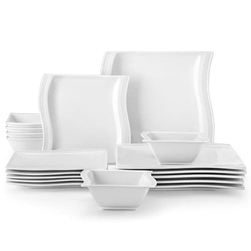 Image of MALACASA Square Plates and Bowls Set, 18-Piece Ivory White Porcelain Dinner Sets for 6 People, Ceramic Crockery Set Modern Dinnerware Set, Microwave Dishwasher Safe, Series Flora