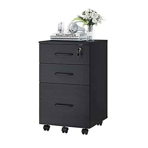 Image of Panana Wooden 3 Drawers Filing Cabinets, Mobile File Cabinet Under Desk Drawers on Casters Rolling Office Cabinet for Home Office Furniture (Black)