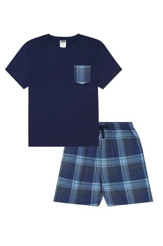 Image of ThePyjamaFactory Boys Navy Blue Short Tartan Check Bottoms Pyjama Set Pjs For Kids (12-13 Years)
