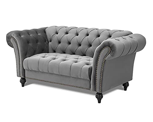 Image of Home Detail Velvet Fabric Chesterfield Sofa Upholstered 1.5 2 & 3 Seater Curved Settee Set Living Room Suite (2 Seat Sofa Only, Grey)