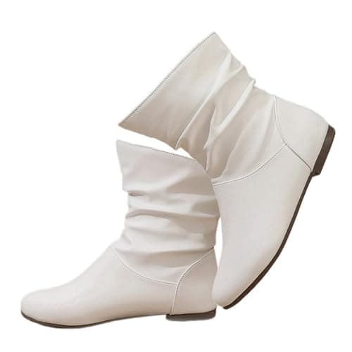 Image of Ladies Ankle Boots Pointed Toe Suede Slouch Walking Shoes Low Top Waterproof Ankle Boots Pull On Comfy Casual Shoes Classic Closed Toe Kitten Heel Pumps White