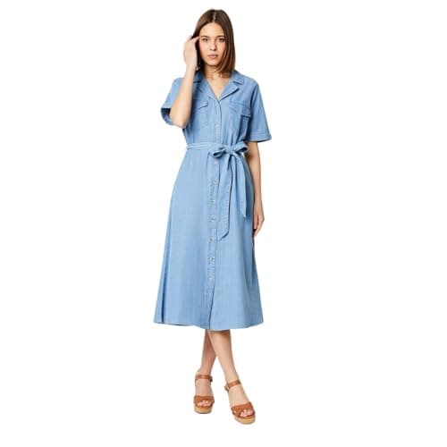 Image of Dorothy Perkins Denim Belted Button Through Midi Dress, 18, Mid Wash