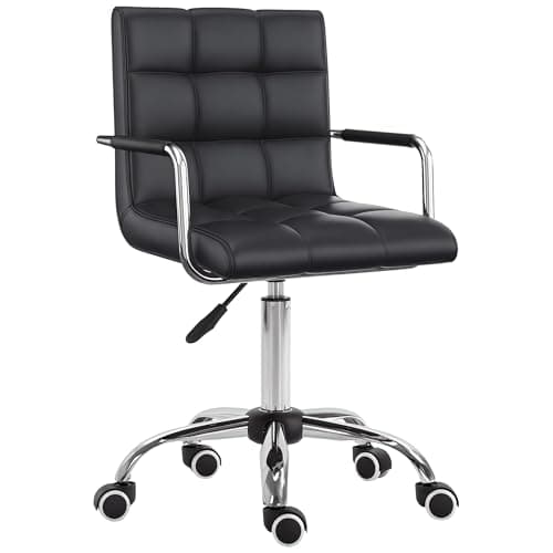 Image of Vinsetto Makeup Vanity Chair, PU Leather Mid Back Office Chair with Adjustable Height, Armrest and Rolling Wheels, Black