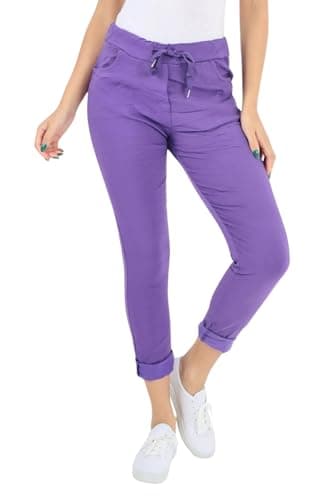 Image of Women’s Plain Italian High Waisted Magic Pants Casual Jogging Bottoms Walking Out Stretchy Jeans Joggers Turn Up Pants All Season Lagenlook Style Ladies (Purple, UK 10-16)