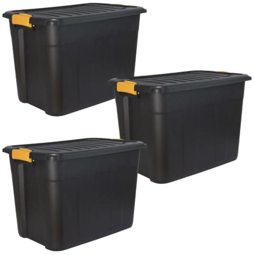 Image of DANIEL JAMES Housewares Heavy Duty Storage Box with Lid - Large Plastic Stackable Storage Boxes with Clip Handles - Lockable BPA Free Indoor Outdoor Garage Storage Trunk Box - 3 Pack, Black, 20l