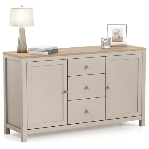 Image of CHRISTOW Sideboard Storage Cabinet with Oak-Effect Top, 3 Drawers & 2 Cupboards with Adjustable Shelves, Living & Dining Room Furniture, Sturdy MDF, Matte Painted Pebble Finish, H79 x W137 x D40cm