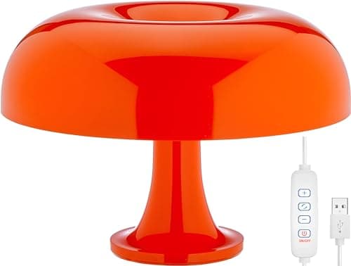 Image of KUXEEY Mushroom Table Lamp for Bedside – Orange Vintage Lamp, USB LED Night Light for Bedroom and Living Room with 3 Color Lighting and Dimmable Function | Retro, Cool Funky Aesthetic Room Decor