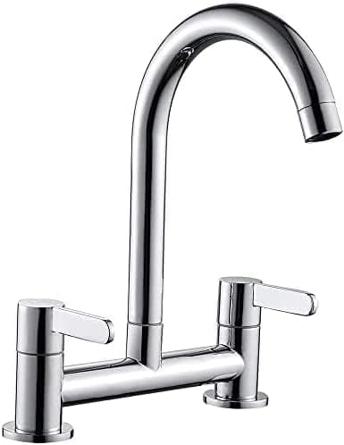Image of Kitchen Sink Mixer Taps 2 Hole Kitchen Faucet 360° Swivel Spout Dual Lever Chrome Bridge Sink Mixer Tap for Kitchens Deck Mounted Taps 1/4 Turn Faucet Cold and Hot Mixer Taps with UK Standard Fittings