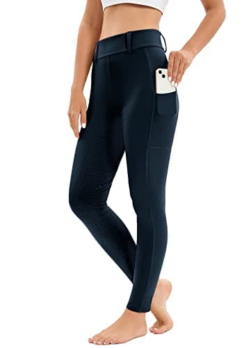 Image of Havideto Women Horse Riding Leggings Full Seat Silicone Ladies Riding Tights Equestrian Breeches with Phone Pockets Navy L
