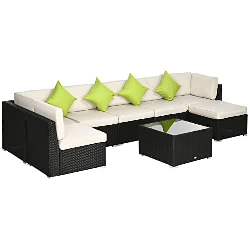 Image of Outsunny 8 Pieces PE Rattan Corner Sofa Set, Outdoor Garden Furniture Set, Patio Wicker Sofa Seater w/Cushion, Washable Cushion Cover & Tempered Glass Table, Khaki