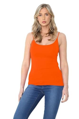 Image of Hamishkane® Womens Plain Bodycon Cami Strappy Sleeveless Tank Tops, Slim Fitted Scoop Neck Vest Tops Women UK, Stretchy Gym Wear, Casual Summer Ladies Vest Neon Orange