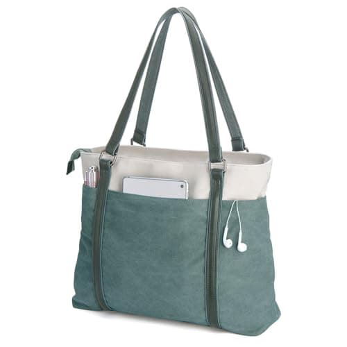 Image of Women’s Canvas Tote Bag with Laptop Compartment, Lightweight Large Shoulder Bag with Multiple Pockets for Work, Travel, Gym, College (Green)