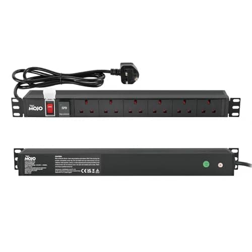 Image of Tecmojo 6 Way 19'' Rack Mount PDU 13A Switched Power distribution Unit, Wall Mountable, Surge Protection, Aluminum Alloy With UK Plug, 2M Cable