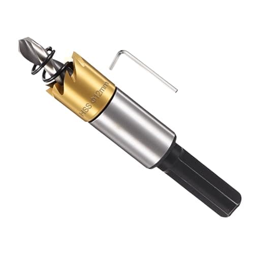 Image of METALLIXITY Hole Saw 12mm (15/32"), 4341 High Speed Steel Hole Cutter with Center Drill Bit, Hex Key and Spring - for Thin Metal, Wood, Plastic, PVC Boards. Gold