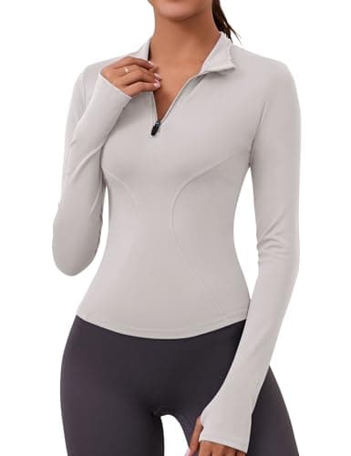 Image of Rapbin Women's Long Sleeve Gym Top 1/4 Zip Workout Tops Running Tee Shirts Half Zip Sweatshirts with Thumb Holes (Ivory Grey,S)