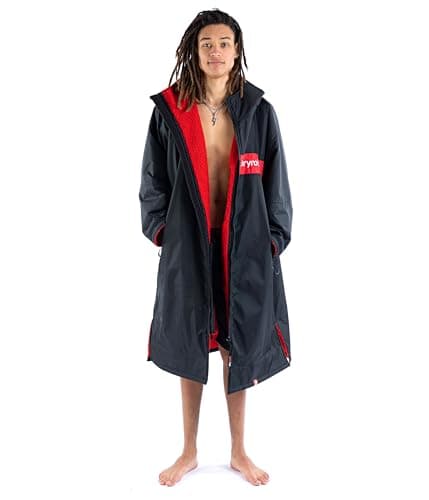 Image of Dryrobe Advance - The Original Long Sleeve Waterproof Changing Robe - Oversized Coat with Fleece Lining - for Beach, Cold Water Wild Swimming, Surfing - Large - Black/Red/Red
