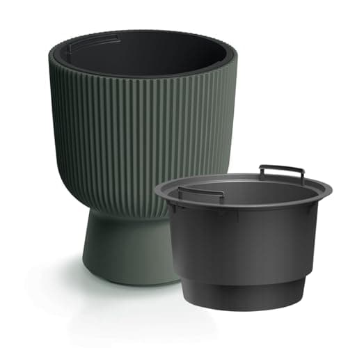 Image of B2C Plant Pots Flower Planter 7 Colours 3 sizes Tall with insert Wavy Plastic Pot Boho Elegant Textured Cylindrical with base indoor/outdoor Modern (Pine green, 30cm - 18L)