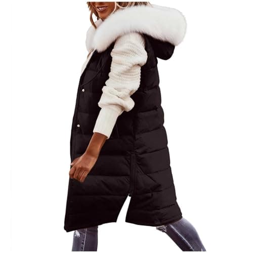 Image of Women's Gilets Quilted Gilet for Women Plus Size Longline Sleeveless Vest Puffer Jackets Waistcoats Warm Thick Zip Hooded with Detachable Faux Fur Collar with Pockets Winter Warm Ladies Body Warmer