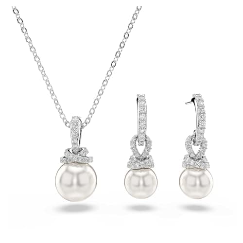 Image of Swarovski Originally Jewellery Set, Pendant Necklace & Hoop Earrings with Crystal Pearls and Clear Pavé Crystals in a Rhodium-Finished Setting, Part of the Originally Collection