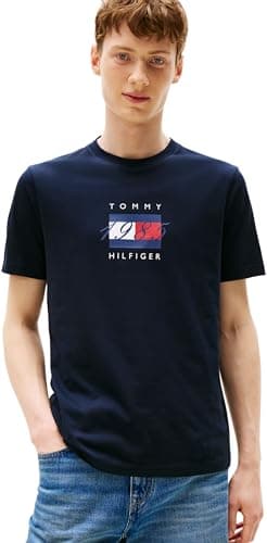 Image of Tommy Hilfiger Men’s Short Sleeve Linear Flag Graphic Regular Fit T-Shirt, Blue (Desert Sky), XS