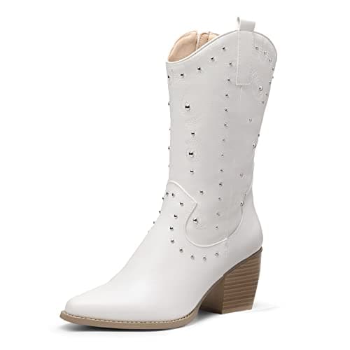 Image of DREAM PAIRS Women's Western Boots Cowboy Cowgirl Pull-on Mid Calf Boots SDMB2207W,WHITE Size 7/5 UK