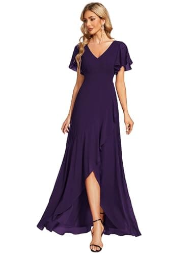 Image of Ever-Pretty Women's Maxi Cocktail Dress Chiffon V Neck Empire Waist Ruffle Sleeves Dark Purple 24