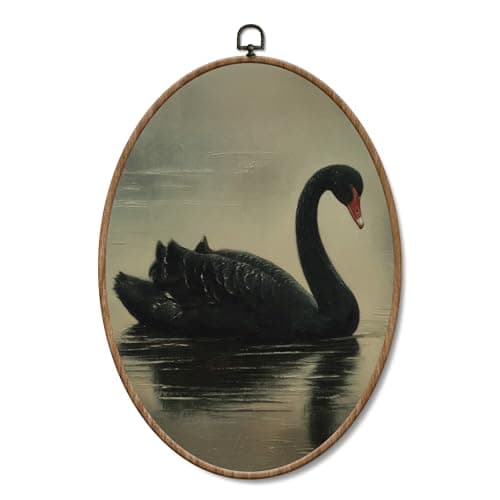 Image of Yorhifa Vintage Black Swan Framed Wall Art, Antique Black Swan Oval Wall Art, Rustic Elegant Animal Oval Walls Decor, Retro Moody Canvas Artwork Hanging Decor, 8.5x11.5in