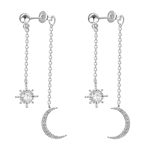 Image of Telooco 925 Sterling Silver Earrings for Women Shiny Star and Moon Dangle Drop Earring Anti-allergic Crystal Dangly Earring Front and Back Double Chain Long Earrings for Women Girls