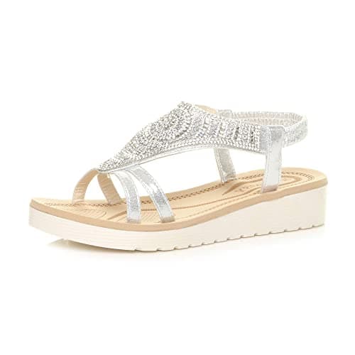 Image of Ajvani Womens Ladies Low Wedge Heel Flatform Diamante t-bar Slingback Sandals , 6 UK, Silver