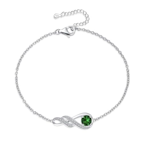 Image of LOCIBLO May Birthstone Bracelets for Women 925 Sterling Silver Green Created Emerald Bracelet White Gold Infinity Pendant Jewellery, 6.7"+1.2"
